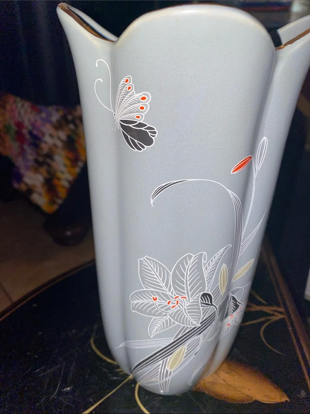 Vintage Fine China Vase Japan Gray White Lillies Butterfly Gold Trim